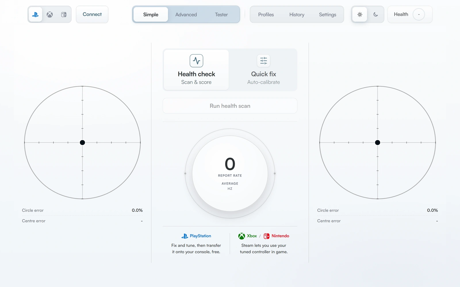 The DriftNo Lab in a desktop browser, showing live stick scopes beside the Health Score and Quick Fix controls.